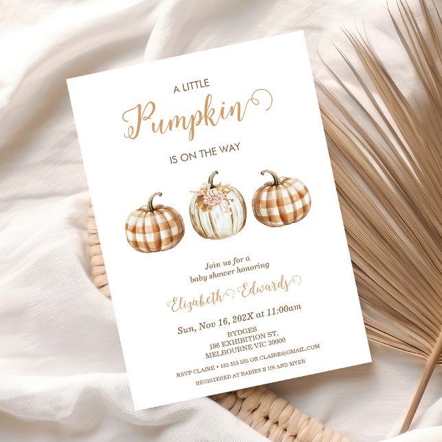 Convite Three Orange Plaid Little Pumpkin Baby Shower  (A little Pumpkin In On The Way Baby Shower Invitation Template, Fall Baby Shower Invite Printable, )