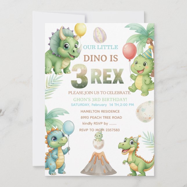 Convite Three-Rex Birthday Invitation with Maze Invitation (Frente)