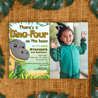 Convite Three Rex Boy 4th Birthday with Photo