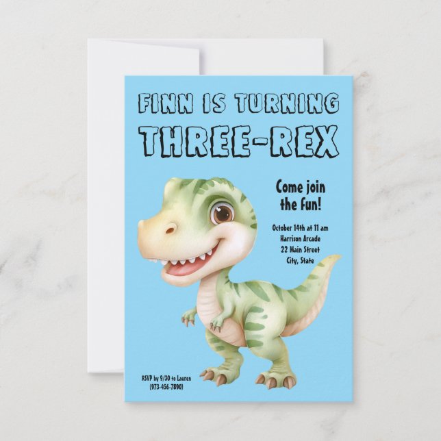 Convite Three-Rex Dinosaur 3rd Birthday Party Invitation (Frente)