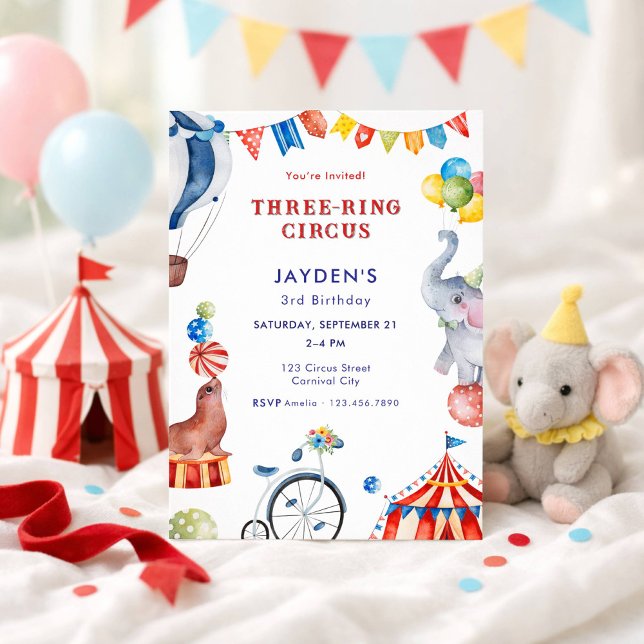 Convite Three Ring Circus 3rd Birthday Carnival Animal (Criador carregado)