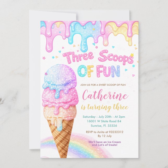 Convite Three Scoops Of Fun Ice Cream Birthday Party  (Frente)