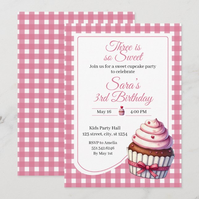 Convite Three Sweet Pink Cupcake Girl 3rd Birthday Party (Frente/Verso)