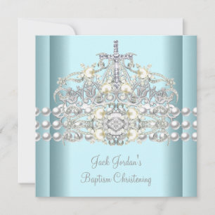 Convite Tiara Azul Batismo Prata Pérola Branca Diamante