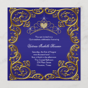 Convite Tiara Azul Marinho Dourado Sweet 15 Quinceanera