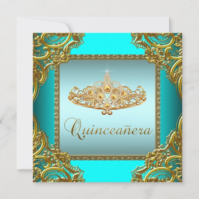 Convite Tiara Azul Teal Dourada Quinceanera (Frente)