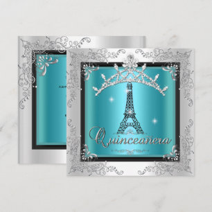Convite Tiara Azul Turquesa Prata Quinceanera Torre Eiffel