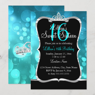 Convite Tiara Azul Turquesa Preto Sweet 16