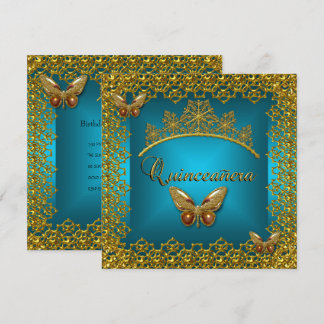 Convite Tiara Borboleta Dourada Teal de Aniversário de Qui