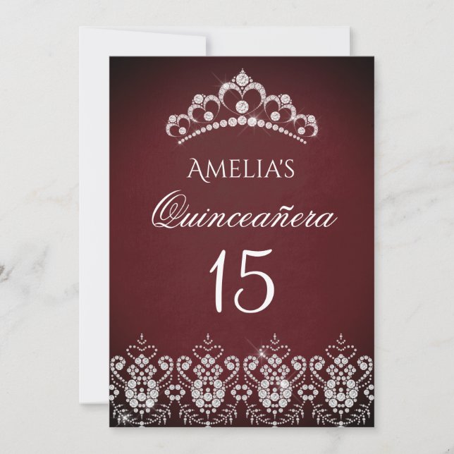 Convite Tiara Brilhante Prata Burgundy Quinceanera (Frente)