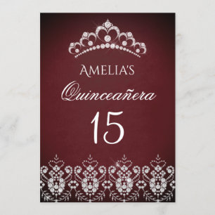 Convite Tiara Brilhante Prata Burgundy Quinceanera