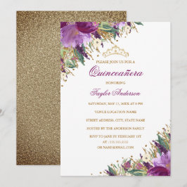 Convite Tiara Brilho Ametista Roxo Floral Quinceanera
