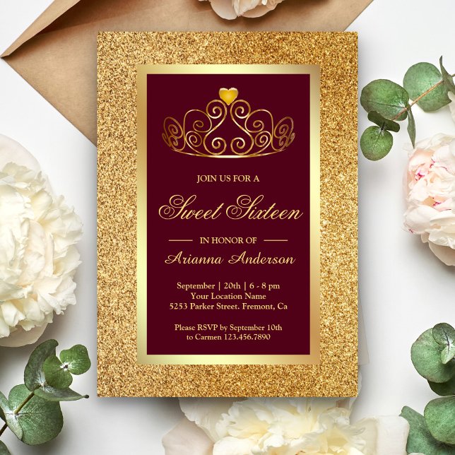 Convite Tiara Brilho Dourado Princesa Borgonha Sweet Sixte (Criador carregado)