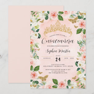 Convite Tiara Butterfly Dourada rosa Quinceanera