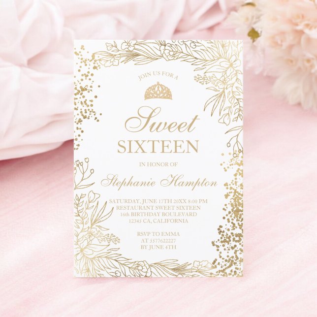 Convite Tiara Chic gold floral White 16 (Chic gold floral white Tiara chic Sweet 16 Invitation)