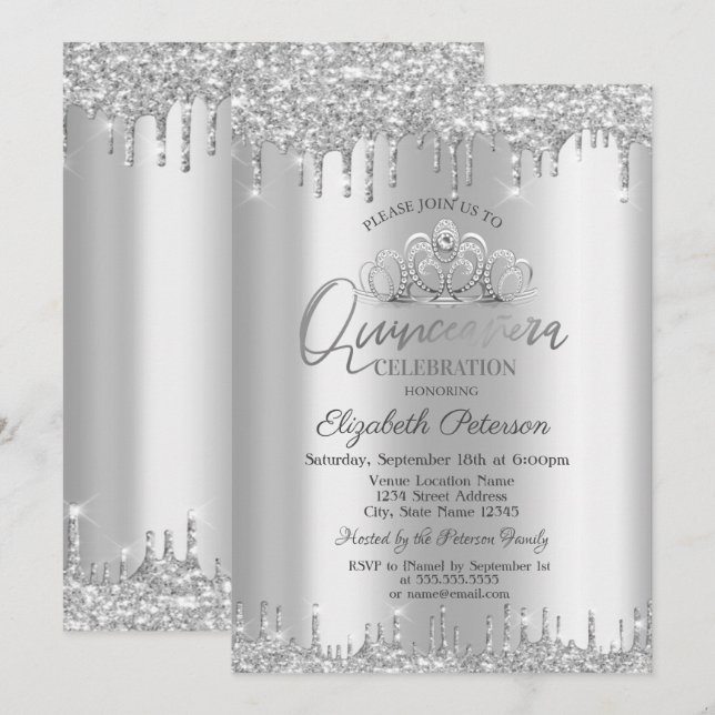 Convite Tiara Chic, Pingentes de Brilho Prateado Quinceañe (Frente/Verso)