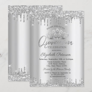 Convite Tiara Chic, Pingentes de Brilho Prateado Quinceañe