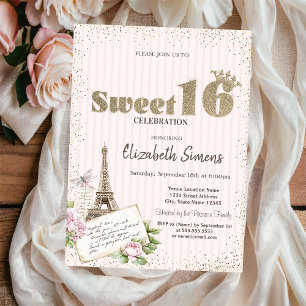Convite Tiara,Confetes,Torre Eiffel Rosas Listrado Sweet 1