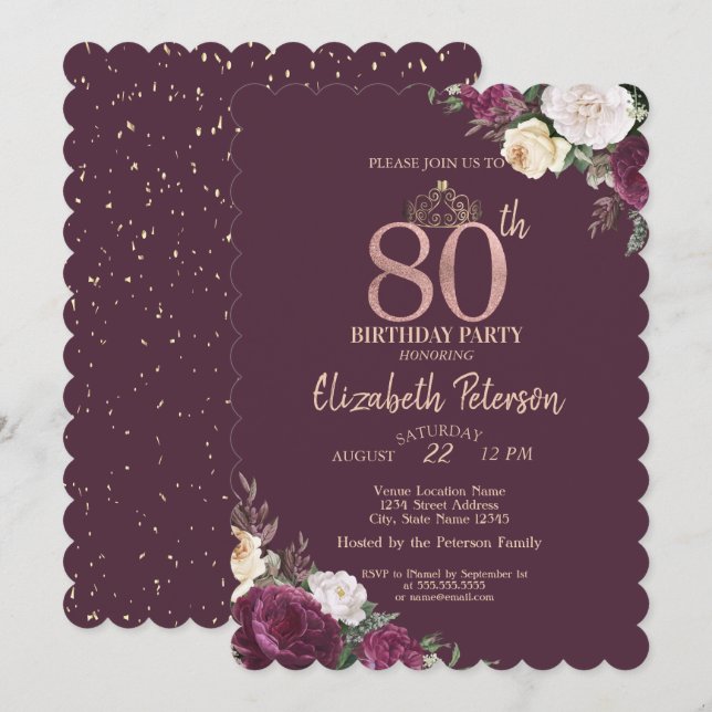 Convite Tiara, Confetti Burgundy 80 Floral Aniversário (Frente/Verso)