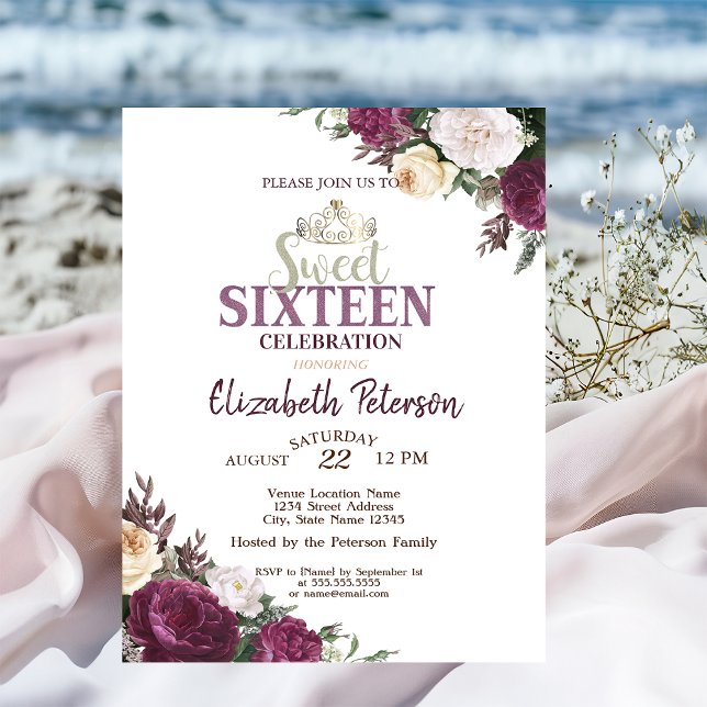 Convite Tiara,Confetti Burgundy Flowers Doce 16 Festas (Criador carregado)