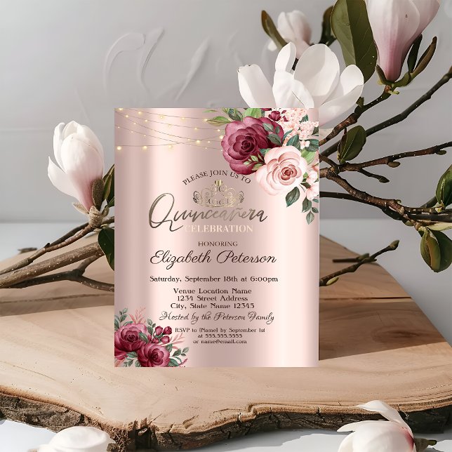 Convite Tiara, Cordas Luzes Burgundy Rosa Quinceañera (Criador carregado)