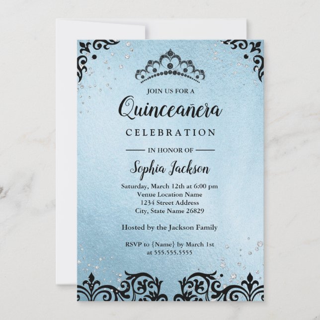 Convite Tiara Damask Azul Brilhante Quinceanera (Frente)