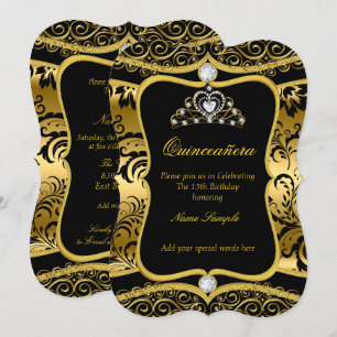 Convite Tiara Damasko Dourado Preto Elegante Quinc