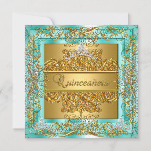 Convite Tiara de 15 anos de idade Dourada Azul Turquesa Pr