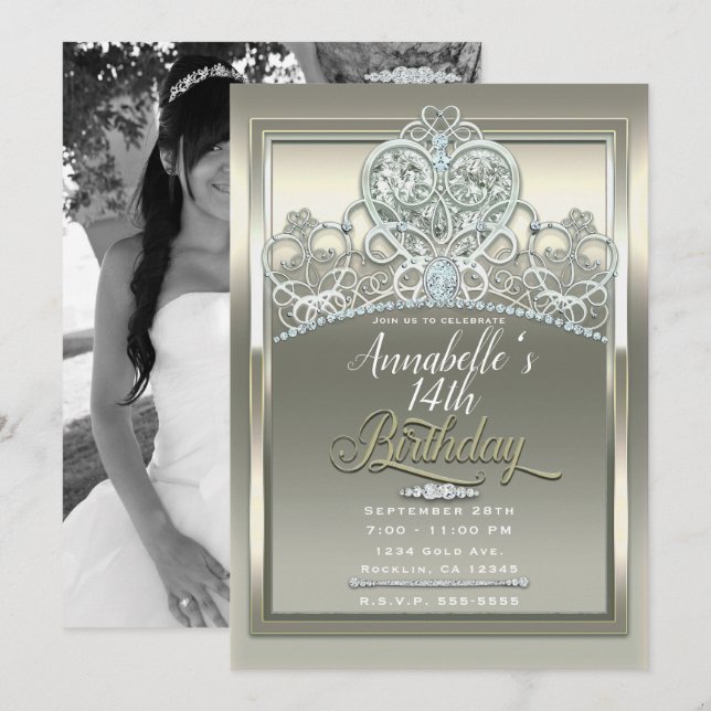 Convite Tiara de Aniversário Princesa Coração de Platina M (Frente/Verso)