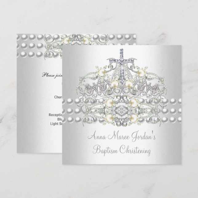 Convite Tiara de Batismo Prata Pérola Branca Diamante (Frente/Verso)