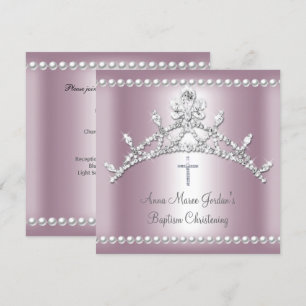 Convite Tiara de Batismo Rosa Prata Pérola Branca Diamante