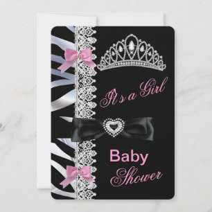 Convite Tiara de Bebê Menina Princesa Zebra Rosa Preto