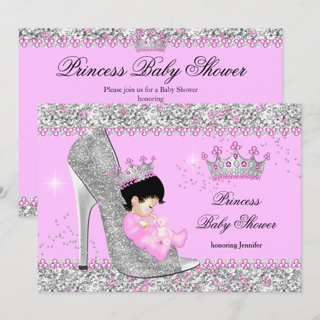 Convite Tiara de Bebê Princesa de Salto Alto Prateado Rosa (Frente/Verso)