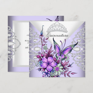 Convite Tiara de Borboleta Lilás Roxa Quinceanera Floral