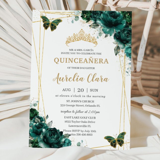 Convite Tiara de Borboletas Florais Verde Esmeralda para Q (Criador carregado)