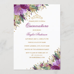 Convite Tiara de Brilho Ametista Roxa Floral Quinceanera