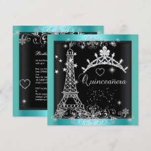 Convite Tiara de Brilho Azul Teal Quinceanera Torre Eiffel