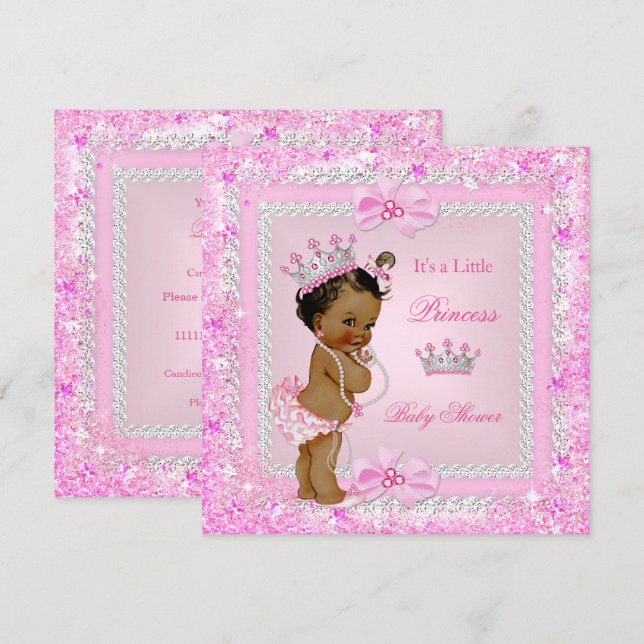 Convite Tiara de Brilho Rosa para Chás de Bebê Princesa Ét (Frente/Verso)