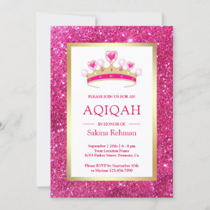 Convite Tiara de Brilho Rosa Quente Princesa Aqiqah