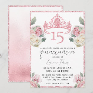 Convite Tiara de Brilho Rosas Rosa e Branca Quinceañera