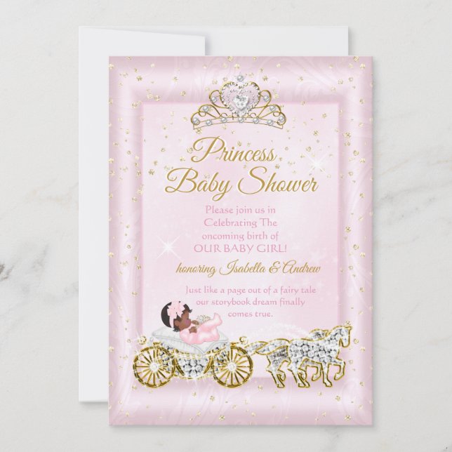 Convite Tiara de Chuveiro de Bebê Princesa Carruagem Rosa  (Frente)