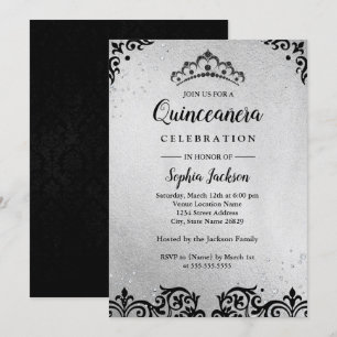 Convite Tiara de Damasco Prata Preto Quinceanera