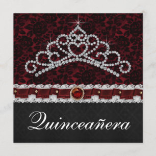 Convite Tiara de Damasco Vermelho Preto Quinceanera