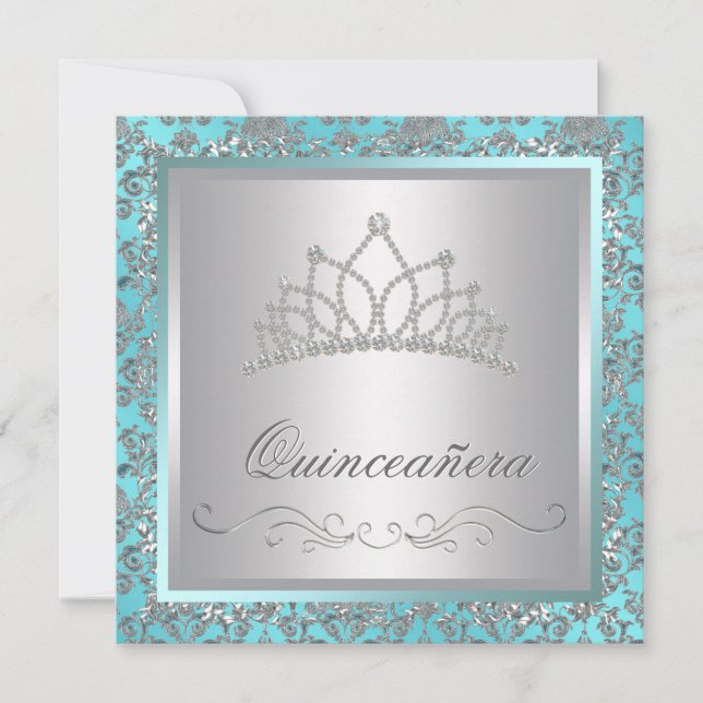 Convite Tiara de Diamante Azul Turquesa Damask Azul Turque (Frente)