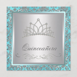 Convite Tiara de Diamante Azul Turquesa Damask Azul Turque