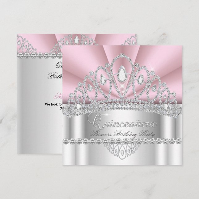 Convite Tiara de Diamante Branco Rosa Princesa Quinceanera (Frente/Verso)