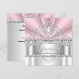 Convite Tiara de Diamante Branco Rosa Princesa Quinceanera