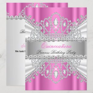 Convite Tiara de Diamante Branco Rosa Princesa Quinceanera
