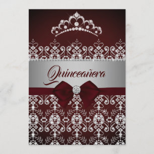 Convite Tiara de Diamante com Laço Burgundy para Quinceane