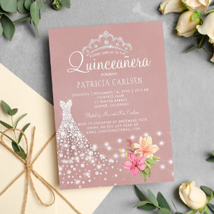 Convite Tiara de diamante e vestido floral chic quinceaner